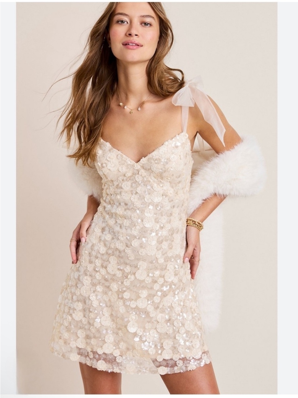 Francesca's Collections Champagne Sequin Tie-Shoulder Mini Dress